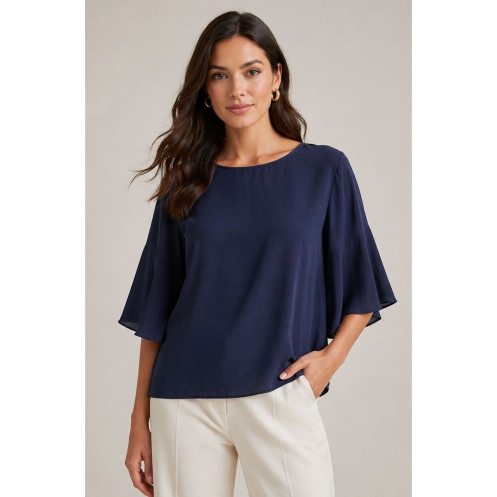 Massimo Dutti Navy Blue Tie Back Blouse Flutter Sleeve 6